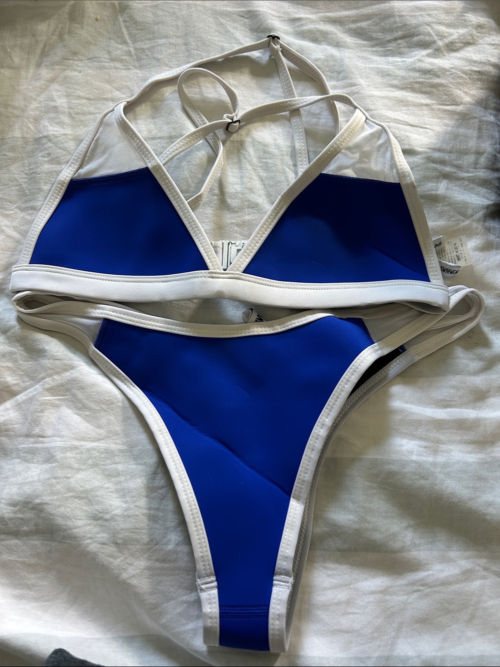 Blue and White Contrast Triangle Bikini Set